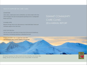 Image showcasing the Summit Community Care Clinic's 2016 Annual Report, highlighting ways to support the clinic including donations, planned gifts, and participation in the annual Soup for the Soul fundraiser. The background features a scenic view of snow-capped mountains, symbolizing the clinic's location in the Colorado community.