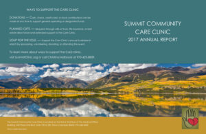 Alt text: Cover of the Summit Community Care Clinic 2017 Annual Report featuring scenic mountain landscape with vibrant autumn colors and a reflection in the water, outlining donation options, planned gifts, and the annual "Soup for the Soul" fundraiser.