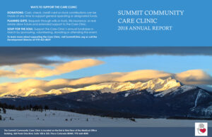 Annual report for Summit Community Care Clinic, detailing ways to support the clinic through donations, planned gifts, and fundraising events. Features a scenic mountain view in the background.