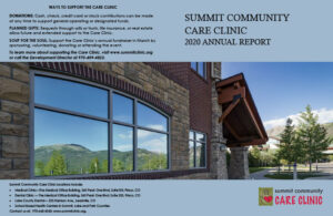 Exterior view of Summit Community Care Clinic building in Frisco, Colorado, highlighting its architecture and surrounding landscape; includes promotion of the 2020 Annual Report and ways to support the clinic through donations, fundraising events, and volunteer opportunities.