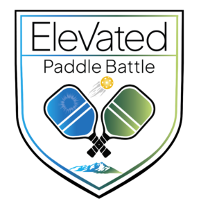 Logo for Elevated Paddle Battle featuring two crossed paddles in blue and green, a yellow pickleball in motion, and a mountain graphic at the bottom, symbolizing competitive pickleball events.